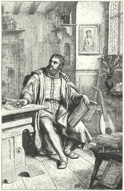 Martín Lutero traduciendo la Biblia al alemán (grabado) de German School