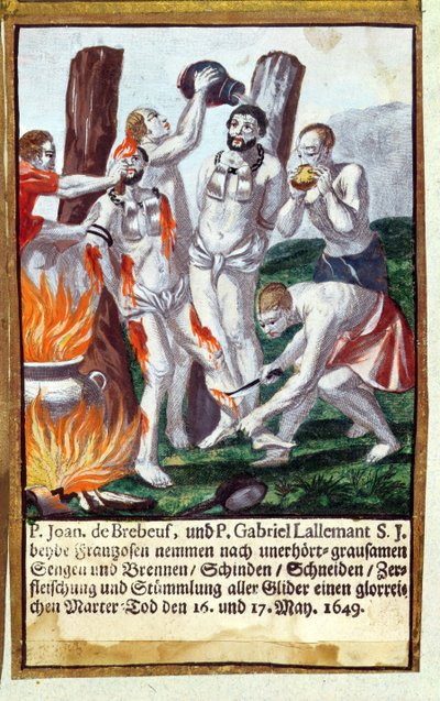 Martirio de Jean de Brébeuf y Gabriel Lalemant por los Iroqueses, en Nueva Francia 1649, del Martirologio de los Jesuitas, 1688 de German School