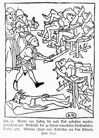 Martirio de los judíos en la rueda, de la Historia del niño cristiano asesinado en Trento, publicado en Trento por Albertus Kune, 1475 de German School