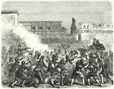 Masacre de guerreros y nobles aztecas en Cholula por los conquistadores españoles de Hernán Cortés de German School