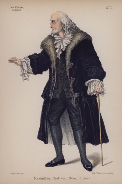 Maximiliano, Conde von Moor, de Los Bandidos de Friedrich Schiller (litografía en color) de German School