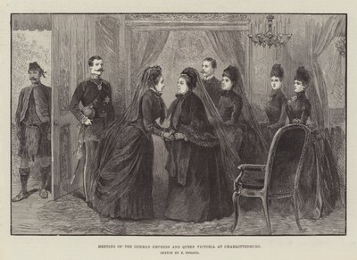 Encuentro de la emperatriz alemana y la reina Victoria en Charlottenburg (grabado) de German School