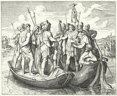 Encuentro del emperador romano Valente y el rey visigodo Atanarico en el Danubio, 369 (grabado) de German School