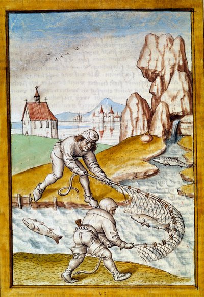 Pesca con red en miniatura de una traducción alemana de las fábulas de 