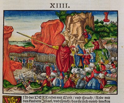 Moisés cruzando el Mar Rojo, de la Biblia de Lutero, c.1530 (xilografía coloreada) de German School