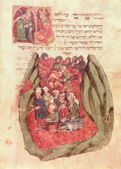 Moisés guía a los Hijos de Israel a través del Mar Rojo de un Libro de Oraciones Judío, Hamburgo, 1427 (manuscrito) de German School