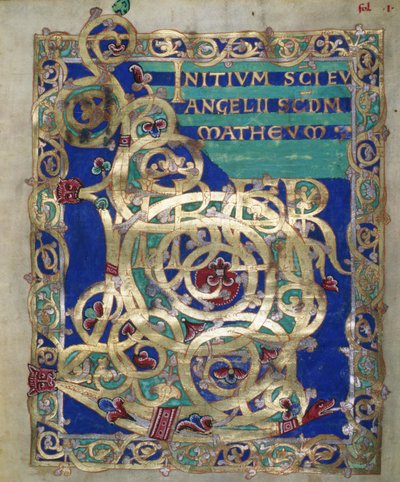 Ms. Czart. 1207 IV, fol.13 v Incipit decorado del Evangelio de San Mateo, del Evangeliarium de la Catedral de Plock, c.1075 de German School