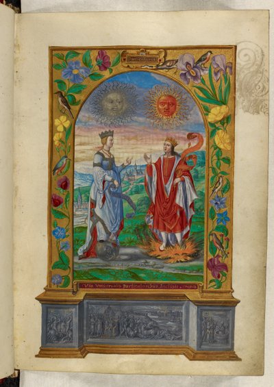 Ms Harley 3469 f.10 Miniatura de un rey y una reina con pergaminos, de 