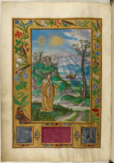 Ms Harley 3469, f.16v Figura coronada con cetro y bola, Tercera Parábola, de 