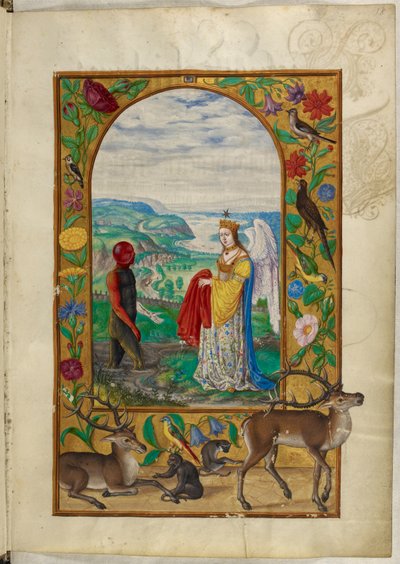 Ms Harley 3469, f.18 La reina ofrece túnica al hombre en la piscina, la Cuarta Parábola, de 