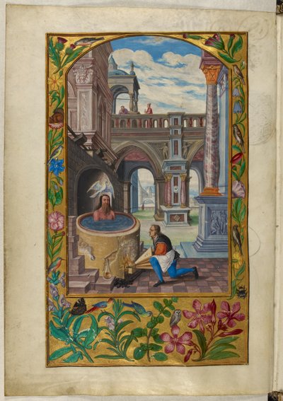 Ms Harley 3469, f.21v Hombre bañándose en un patio, la Séptima Parábola, de 