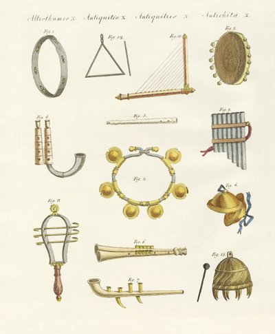 Instrumentos musicales de los antiguos -- silbatos, sonajas y címbalos de German School