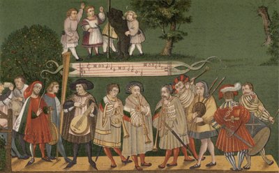Músicos de Augsburgo, Alemania, tocando para bailarines del Geschlechtertanz, 1520 de German School