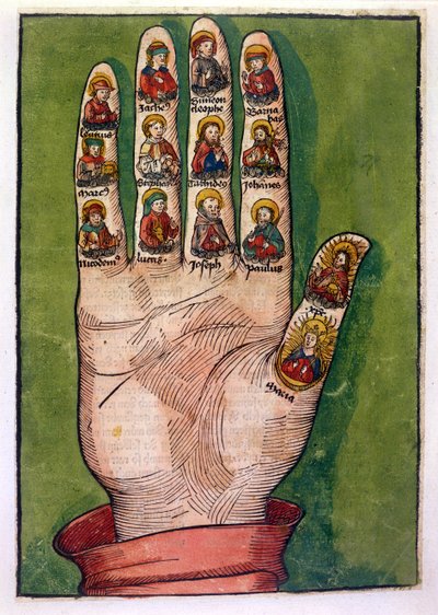 Mano mística de Brígida de Suecia que representa a Cristo, la Virgen María, apóstoles y otros, 1491 de German School