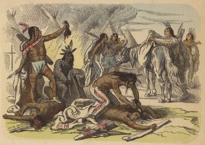 Valientes nativos americanos tomando los cabelleras de sus enemigos (grabado coloreado) de German School