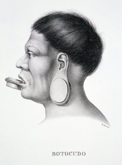 Hombre nativo de la tribu Botocudo, con decoración facial de tapón, del Atlas de un viaje en Brasil por Dr. von Spix y Dr. von Martius de German School