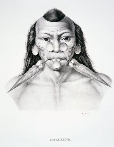 Hombre nativo de la tribu Maxuruna, con decoración facial, del Atlas de un viaje en Brasil por Dr. von Spix y Dr. von Martius de German School