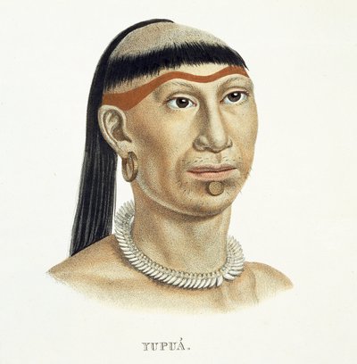 Hombre nativo de la tribu Yupua, con cabello arrancado y afeitado y un collar hecho de dientes de animales, del Atlas de un viaje en Brasil de Johann Baptist von Spix (1781-1826) y Karl Friedrich Philipp Martius (1794-1868) de German School