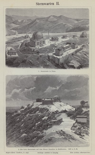 Observatorio de Niza, Francia, y el Observatorio Lick, Monte Hamilton, California, EE.UU. (grabado) de German School