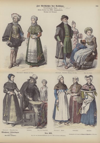 Trajes noruegos y daneses, principios del siglo XVII (grabado coloreado) de German School