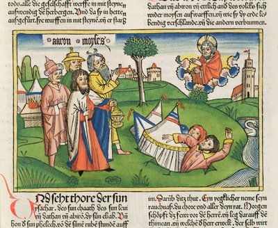 Números 16:32 La Tierra traga a los rebeldes Datán y Abiram, de la Biblia de Núremberg (Biblia Sacra Germanaica) de German School