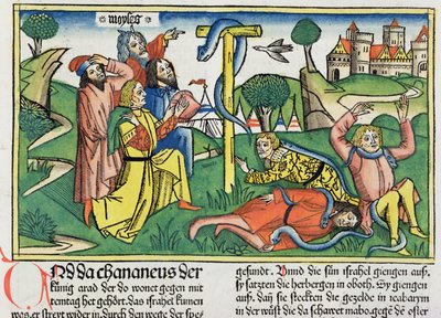 Números 21:4-9 Serpientes venenosas muerden a los israelitas rebeldes, de la Biblia de Núremberg (Biblia Sacra Germanaica) de German School