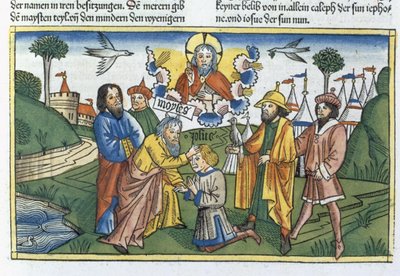 Números 27:18-23 Moisés impone su mano sobre Josué, de la Biblia de Núremberg (Biblia Sacra Germanaica) de German School