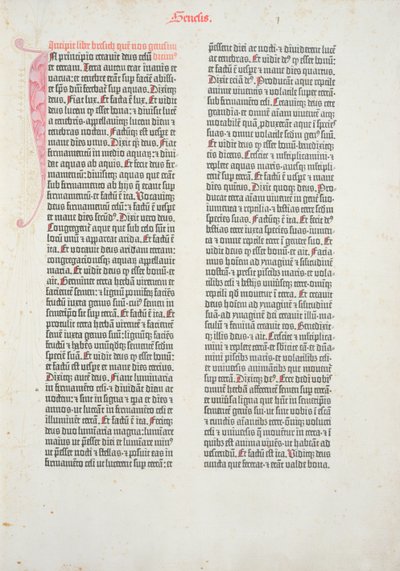 Página de apertura del libro del Génesis de la Biblia de Gutenberg, impresa por Johannes Gutenberg (c.1400-68) y Peter Schoeffer (1425-1502) en Maguncia, 1454-56 de German School
