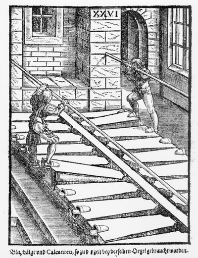 Fuelles y sopladores de órgano en la Catedral de Halberstadt, de Praetorious Syntagma Musicum, pub. en 1619 de German School
