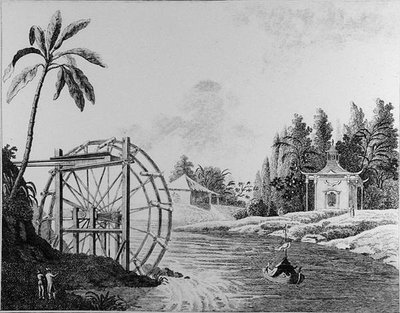 Rueda de agua ornamental con pabellón chino y barco de vela, de 