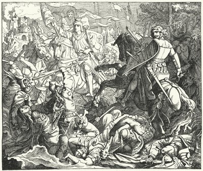 Otón I de Alemania derrotando a los magiares en la Batalla de Lechfeld, 955 de German School