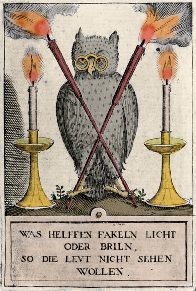 Búho con gafas, símbolo de la sabiduría. Grabado del “Amphitheatrum sapientiae aeternae” (Anfiteatro de la sabiduría eterna). de German School