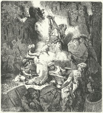 Lituanos paganos haciendo ofrendas en un bosque sagrado de German School