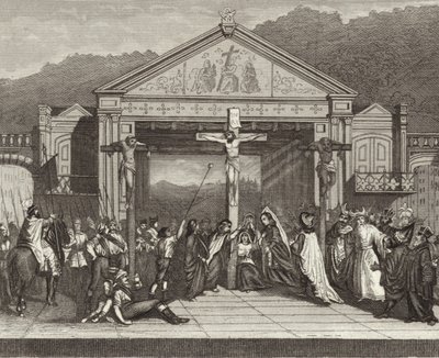 Juego de la Pasión en Oberammergau, Baviera, Alemania. Ilustración para Bilder-Atlas de German School