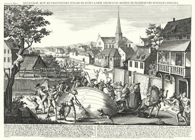 Campesinos atacando el globo de Jacques Charles y los Hermanos Robert después de que aterrizara en Gonesse, 27 de agosto de 1783 (grabado) de German School