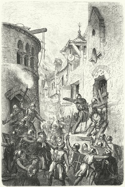Persecución de los judíos durante la época de las Cruzadas (grabado) de German School
