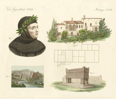 Petrarca, su piso en Arqua, su tumba junto con una vista de Vaucluse de German School