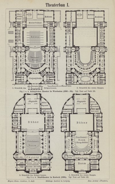 Planos del Teatro Real, Wiesbaden y el Teatro Municipal, Rostock, Alemania (grabado) de German School
