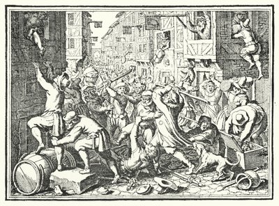 Saqueo del Judengasse, el gueto judío de Frankfurt, en el Levantamiento de Fettmilch, 1614 de German School