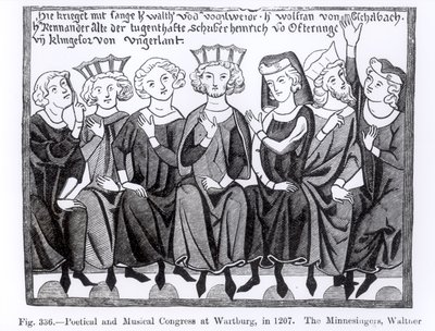Congreso Poético y Musical, Wartburg, 1207, ilustración de Ciencia y Literatura en la Edad Media y el Renacimiento, escrito y grabado por Paul Lacroix, 1878 de German School