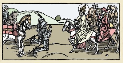 El Papa León I se encuentra con Atila y el Arrete - Invasiones bárbaras - Grabado de 
