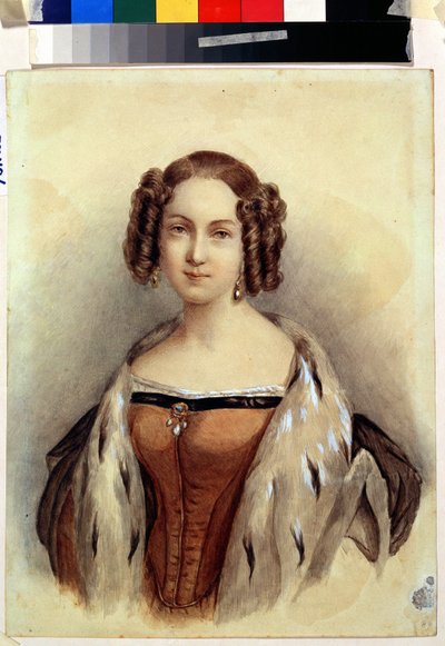 Retrato de la princesa María de Hesse y el Rin (1824-1880), que será emperatriz de Rusia (Retrato de la princesa María de Hesse y el Rin, futura emperatriz de Rusia). Pintura anónima. Acuarela sobre papel, 39,3 x 23 cm, finales de 1830. Arte alemán de German School