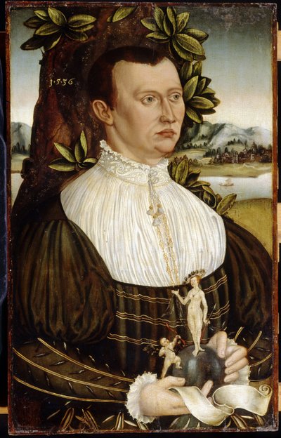 Retrato de un hombre (Retrato de un hombre). Ataviado con un elegante traje, sostiene en sus manos una cinta blanca y un globo terráqueo sobre el que un ángel dispara una flecha hacia una mujer desnuda, adornada con un collar y un sombrero calado. Pintura  de German School