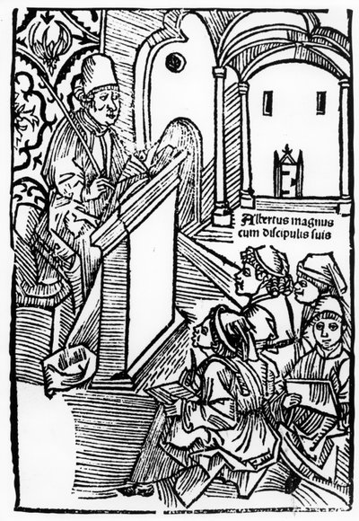 Retrato de Albertus Magnus con algunos de sus alumnos, ilustración para la página de título de Epitomata, reparaciones, o la totalidad de la filosofía natural de Aristóteles por Gerardus de Harderwyck, publicado en 14 de German School