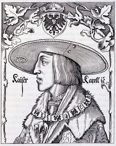 Retrato de Carlos V joven - grabado de una impresión alemana del siglo XVI de German School