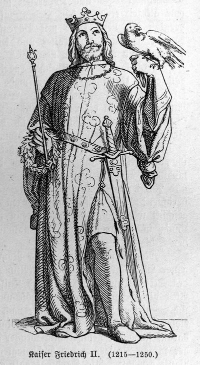 Retrato de Federico II de Hohenstaufen (1194-1250), Rey del Sacro Imperio Romano. Grabado en "Kaiser, König und Papst" por Richard Roth de German School