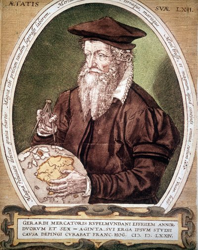 Retrato de Gerhard Kremer llamado Gerardus Mercator (1512-1594). Falso título de la primera edición del Atlas de German School