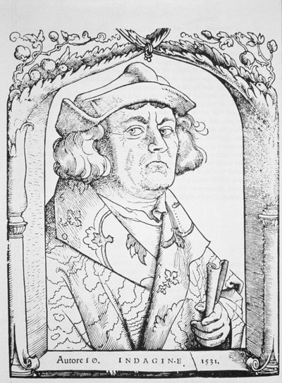 Retrato de John of Indagine, después de Hans Baldung Grien, de Chiromantia por Ioannes ab Indagine, Estrasburgo 1531, ilustrado en Historia de la Magia, publicado a finales del siglo XIX de German School