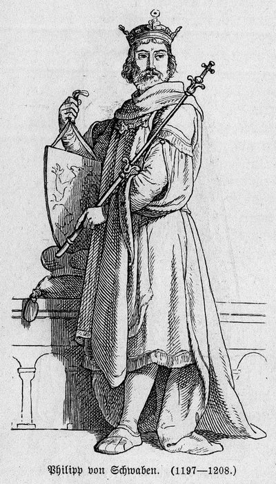 Retrato de Felipe I de Suabia conocido como Felipe de Hohenstaufen (1176-1208), Emperador Alemán, Rey de los Romanos y Rey de Italia. Grabado en 