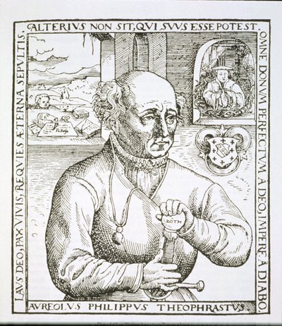 Retrato de Theothrastus Paracelsus (1493-1541), copia de una ilustración de su libro Astronomica et Astrologica Pouscula, Colonia 1567, usado en una Historia de la Magia, publicado a finales del siglo XIX de German School
